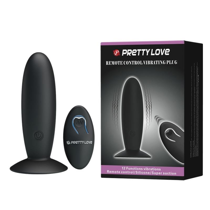 Plug anal Pretty Love - Remote Control Vibrating, din silicon cu 12 funcții de vibrație, cu ventuză, negru