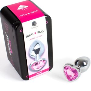Plug metalic Secretplay – cu cristal în formă de inimă, fucsia, mărimea S, 7 cm