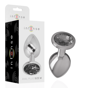 Plug anal Intense – Metalic, cu bijuterie din sticlă neagră, mărimea M, 8 cm