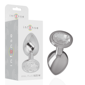 Plug anal Intense – Metalic cu cristal argintiu, mărimea M, 8 cm
