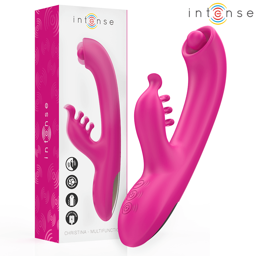 Vibrator rabbit cu vibrații INTENSE – Christina 3 motoare, rotație + vibrații, waterproof, silicon medical, roz, 22.5 cm